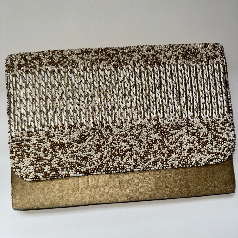 Mermaid gold and natural beaded clutch